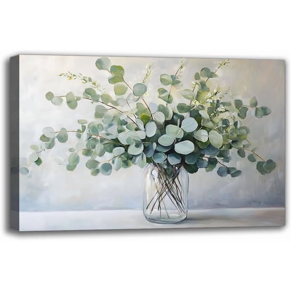 Eucalyptus Flower Glass Vase Canvas Wall Art Living Room Decor Country Style Wall Decor Pictures Farmhouse Vintage Artwork Green Botanical Posters Prints for Bathroom Bedroom Decoration (18W" X 12L")
