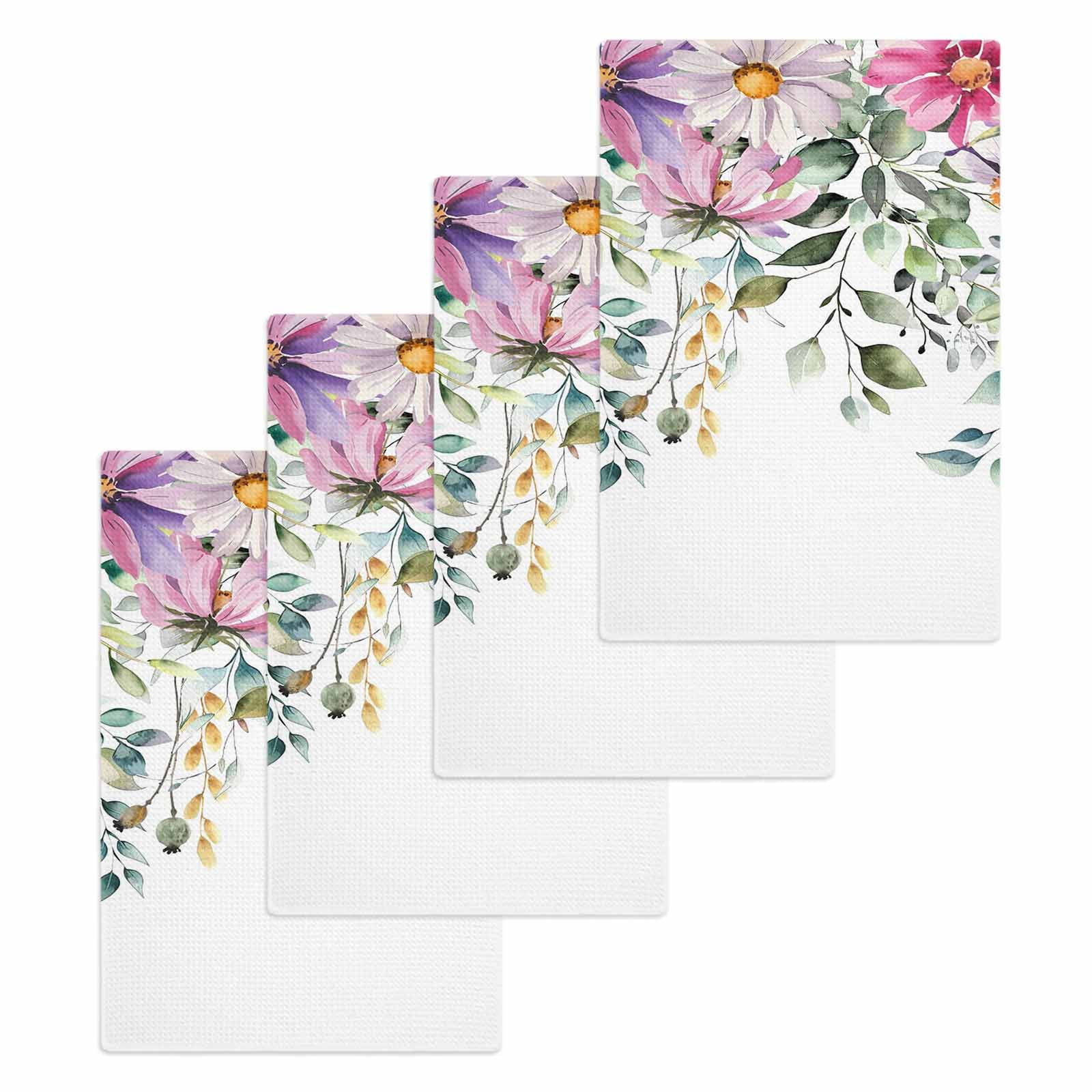 Eucalyptus Flower Hand Towels Set,Waffle Weave Kitchen Towels 4 Pieces,Sage Green Botanical Boho Leaf Pink Microfiber Hair Face Bath Tea Towel Absorbent Quick Drying Cleaning Dish Cloths,15.7"x23.6"
