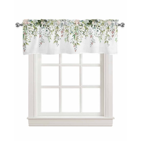 Eucalyptus Flower Linen Curtain Valance for Bedroom/Bathroom/Kitchen/Office/Living/Dining Room Window,Rustic Chic Green Leaves White Rod Pocket Topper Decorative Cafe Drapes Panel 42"x18"