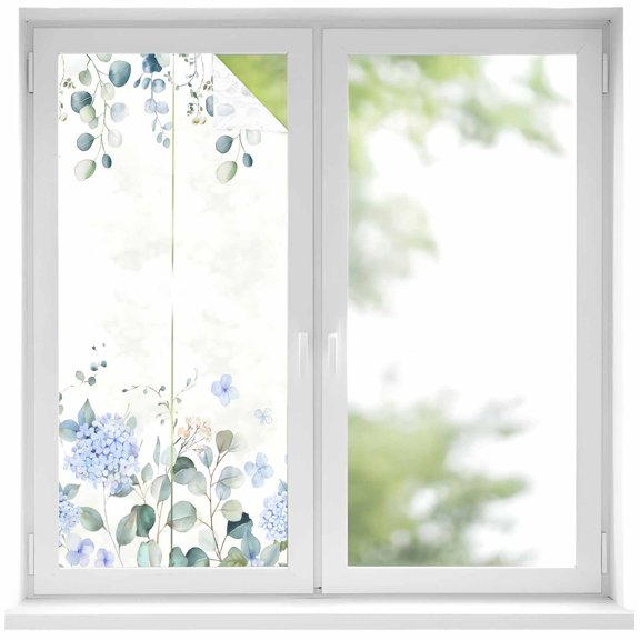 Eucalyptus Flower Privacy Window Film,Decorative Frosted Glass Window Film,Sage Green Leaf Blue Floral Watercolor Reusable Peel and Stick Static Cling for Home Bathroom Office Glass Door 17.7"x39.3"