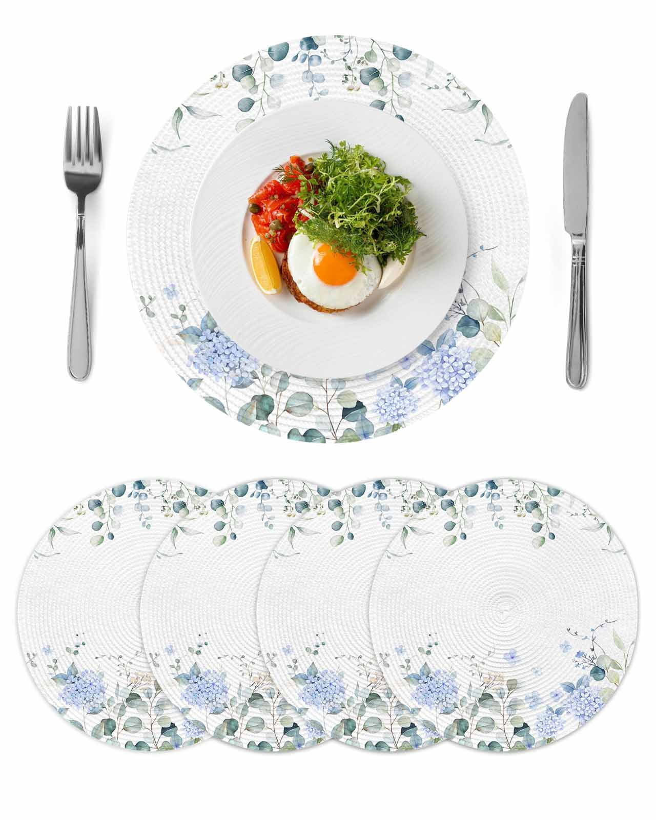 Eucalyptus Flower Round Placemats Set of 4, Braided Polypropylene Place ...