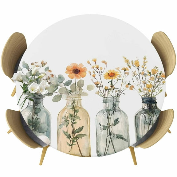 Eucalyptus Flower Round Tablecloth 36-44 Inch Round Fitted Table Cloth with Elastic Edge, Orange Floral Sage Green Leaf Daisy Waterproof Table Cover Protector for Outdoor Picnic Party Dining