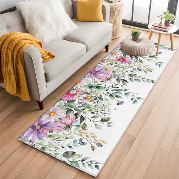 Eucalyptus Flower Runner Rug 2x6 FT,Non Slip Hallway Rugs,Sage Green Botanical Boho Leaf Pink Washable Soft Floor Carpet Throw Runner Carpet Long Rugs for Entryway Kitchen Bedside Sliding Door