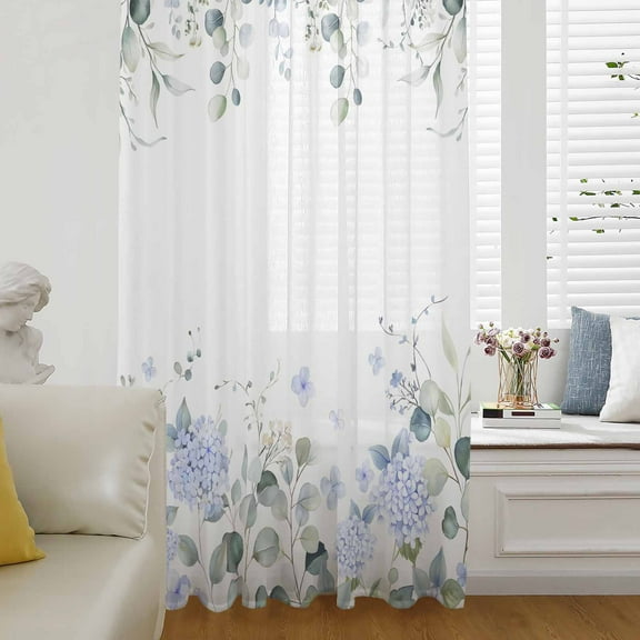 Eucalyptus Flower Semi Sheer Curtains Drapes for Living Room,Bedroom,French Doors Window 54 Inches Long,Sage Green Leaf Blue Floral Watercolor Rod Pocket Chiffon Curtain Drapery Voile Drape Panel