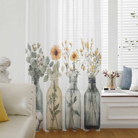 Eucalyptus Flower Semi Sheer Curtains Drapes for Living Room, Bedroom, French Doors Window 84 Inches Long, Orange Floral Sage Green Leaf Daisy Rod Pocket Chiffon Curtain Drapery Voile Drape Panel