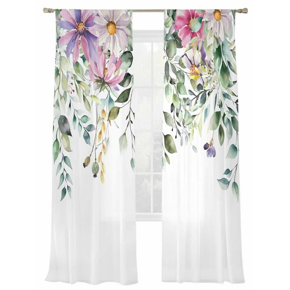 Eucalyptus Flower Sheer Curtains 96 Inch Length 2 Panels Set, Semi Transparent Voile Rod Pocket Curtains for Living Dining Room Bedroom Drapes Sage Green Botanical Boho Leaf Pink