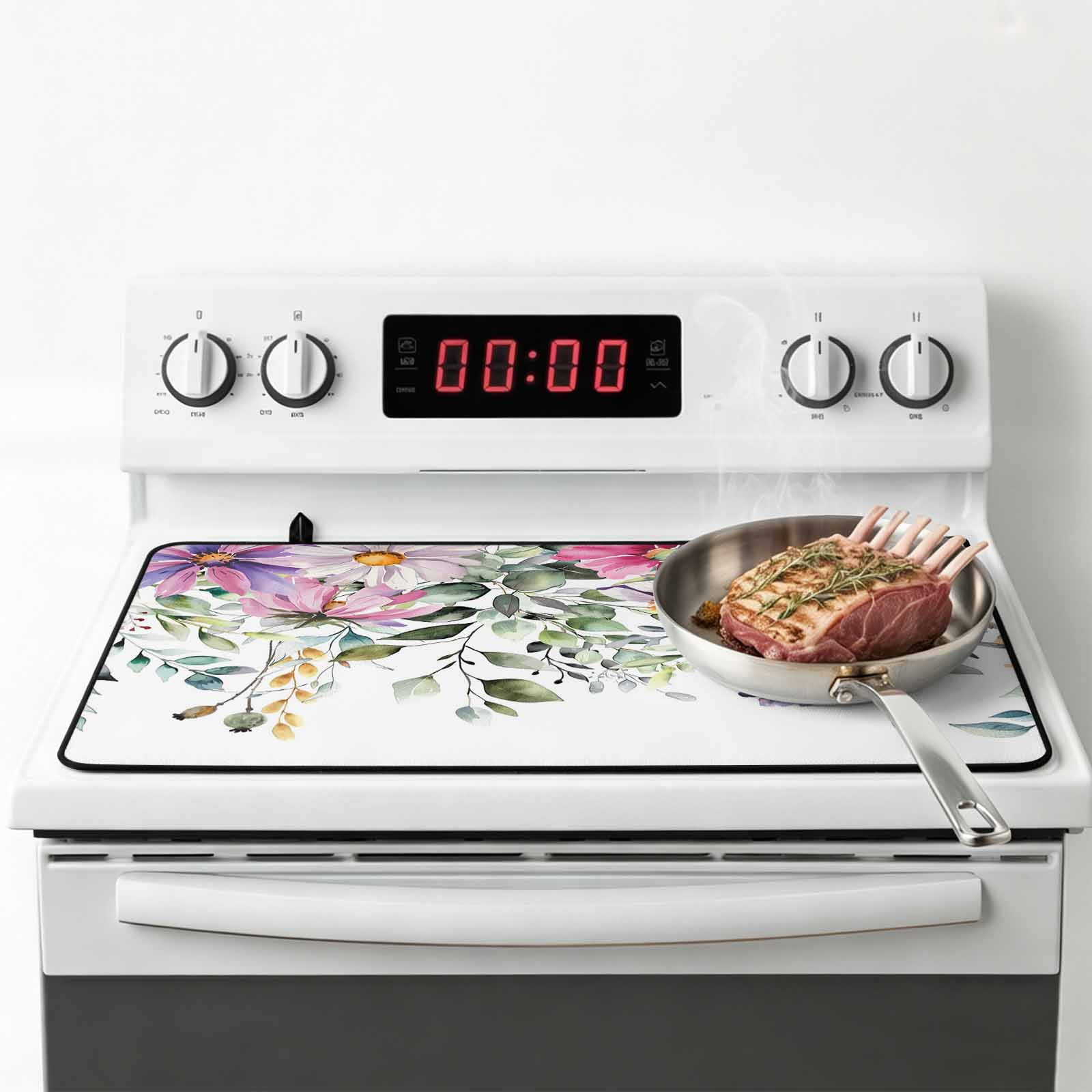 Eucalyptus Flower Stove Top Cover for Electric Stove, Heat-proof & Non Slip Glass Top Stove Cover Protector, Sage Green Botanical Boho Leaf Pink Kitchen Flat Cooktop Rubber Mat 24x21 Inches