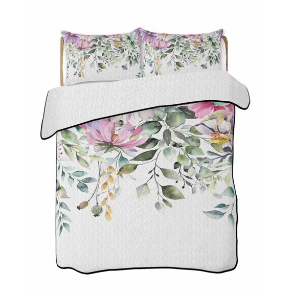 Eucalyptus Flower Summer Quilt Set Twin Size,Soft Microfiber Quilted Bedding Set with 2 Pillow Shams,Sage Green Botanical Boho Leaf Pink Lightweight All Season Bedspread Coverlet for Bedroom 68"x86"