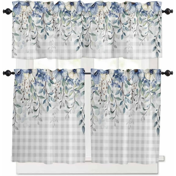 Eucalyptus Flowers Kitchen Curtains, Botanical Floral Leaves Gray Plaid 3-Piece Kitchen Curtain Valance and Tiers Set 36 Inch Length, Rod Pocket Half Window Curtains for Cafe Living Room Bathroom