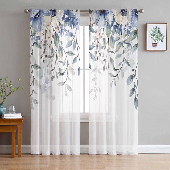 Eucalyptus Flowers Sheer Curtains 63 Inches Length 2 Panels Set, Window Sheer Curtains for Living Room/Bedroom, Botanical Blue White Floral Leaves Light Filtering Rod Pocket Curtain 52'' x 63'' x 2