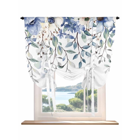 Eucalyptus Flowers Tie Up Curtains for Windows 63 Inch Length Balloon Curtains Kitchen Adjustable Balloon Window Shade Botanical Blue White Floral Leaves Tie Up Valance Bathroom Curtain 46"x63"