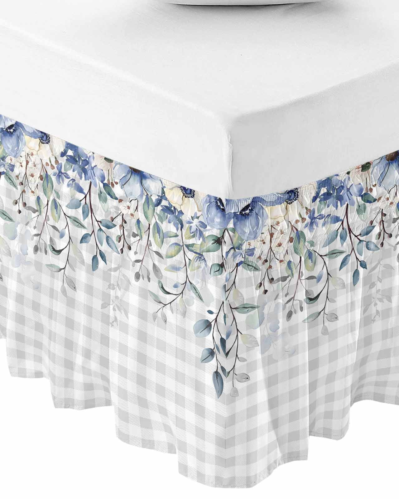 Eucalyptus Flowers Wrap Around Bed Skirts for Queen Bed 18" Drop,Bed Skirt with Adjustable Elastic Belt Dust Ruffle Bed Valance for Bedroom Hotel Botanical Floral Leaves Gray Plaid Bed Frame Cover