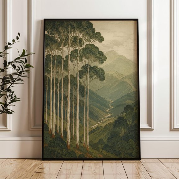 Eucalyptus Forest Mountain Valley Asian Inspired Woodblock Style Asian Poster