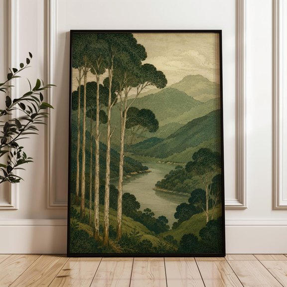 Eucalyptus Forest River Valley Asian Inspired Woodblock Mountain Landscape Poster