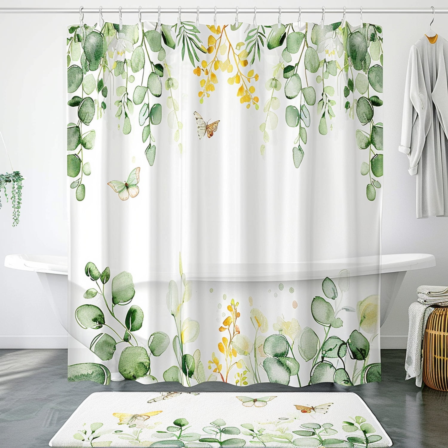 Eucalyptus and Garden Themed Shower Curtain with Cute Baby Butterfly ...
