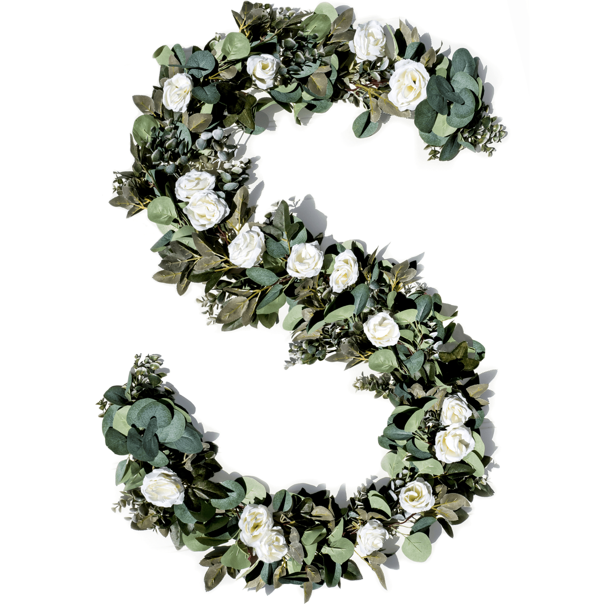 Eucalyptus Garland with 17 White Roses Lush, Natural Looking Flower