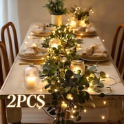 Eucalyptus Garland with Lights, 2 Packs Green Flower Garland Decor, Artificial Faux Eucalyptus Leaves Greenery Vines for Table Runner Wedding Centerpieces Backdrop Decorations Warm Color