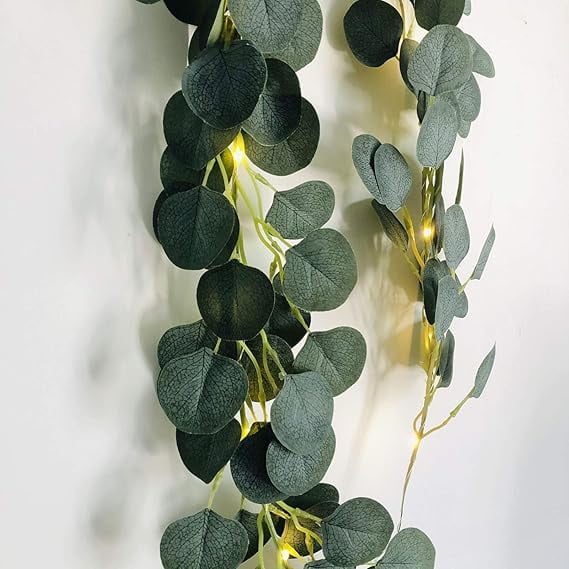 Eucalyptus Garland with Lights 9.8FT 30 Lights Green Flower Garland Decor, Artificial Faux Eucalyptus Leaves Greenery Vines for Table Runner Wedding Centerpieces Backdrop Decorations