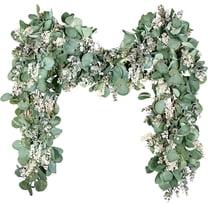Eucalyptus Garland Spring Decorations, 6.56 Ft Lush Silver Dollar Leaves Boxwood with White Buds Artificial Faux Greenery Vines for Baby Shower Wedding Party Table Runner Room Home Mantle Decor