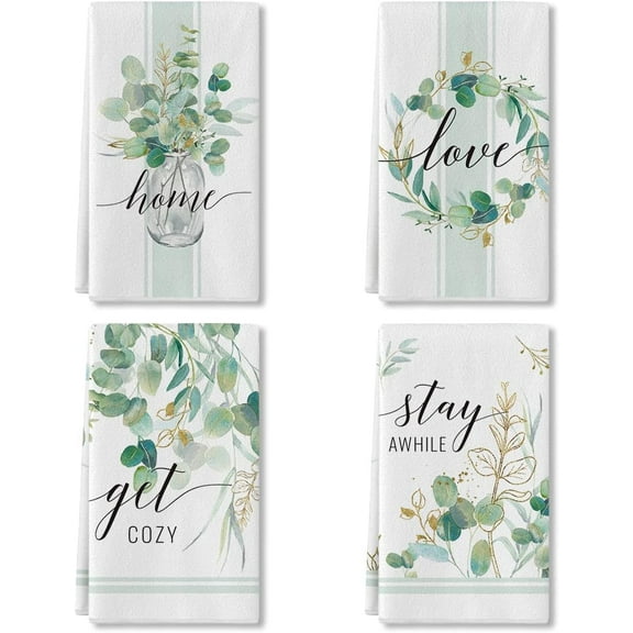 Eucalyptus Get Cozy Love Home Kitchen Towels, 18 x 26 Inch Holiday Spring Summer Wedding Daily Fingertip Towel Tea Bar Hand Drying Cloth Kitchen Bathroom Gift Set of 4