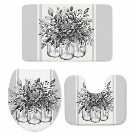Eucalyptus Gray Bath Mat 3 Piece Bathroom Rug Set, Stripes Bottle Flower Cactus Plant Non Slip Bath Rug Contour Mat and Toilet Lid Cover, Absorbent Shower Mats Soft Bath Rugs and Mats Sets