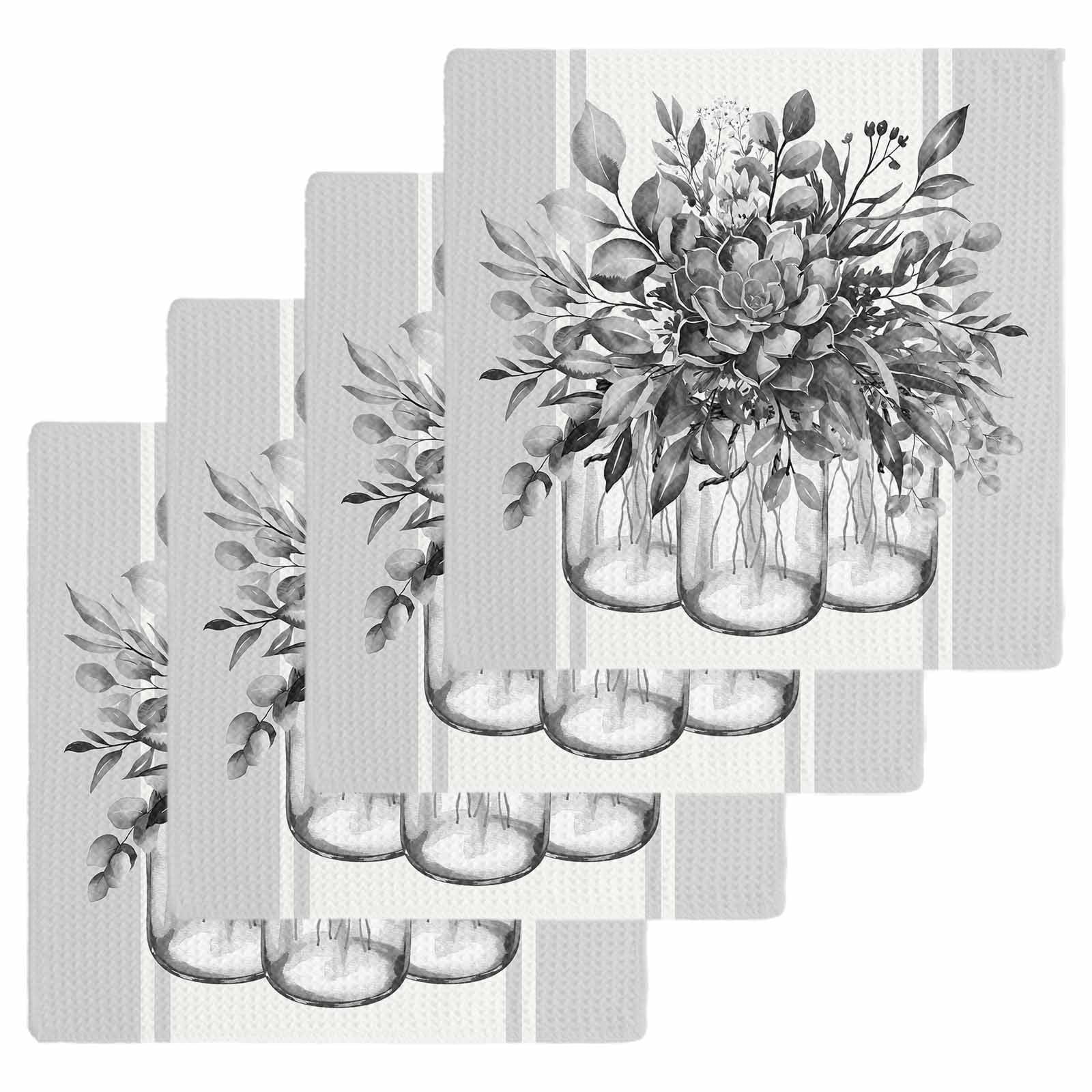 Eucalyptus Gray Dish Towels Set, Waffle Weave Kitchen Towels 4 Pieces, Stripes Bottle Flower Cactus Plant Microfiber Hair Face Bath Tea Towel Absorbent Quick Drying Cleaning Dish Cloths 12"x12"