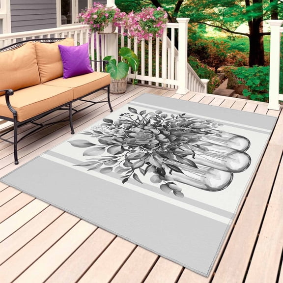 Eucalyptus Gray Outdoor Rug 4x6 Ft, Non Slip Washable Area Rug, Stripes Bottle Flower Cactus Plant Patio Rugs Carpet Runner, Large Floor Mat for Indoor/Outdoor Deck Porch Camping