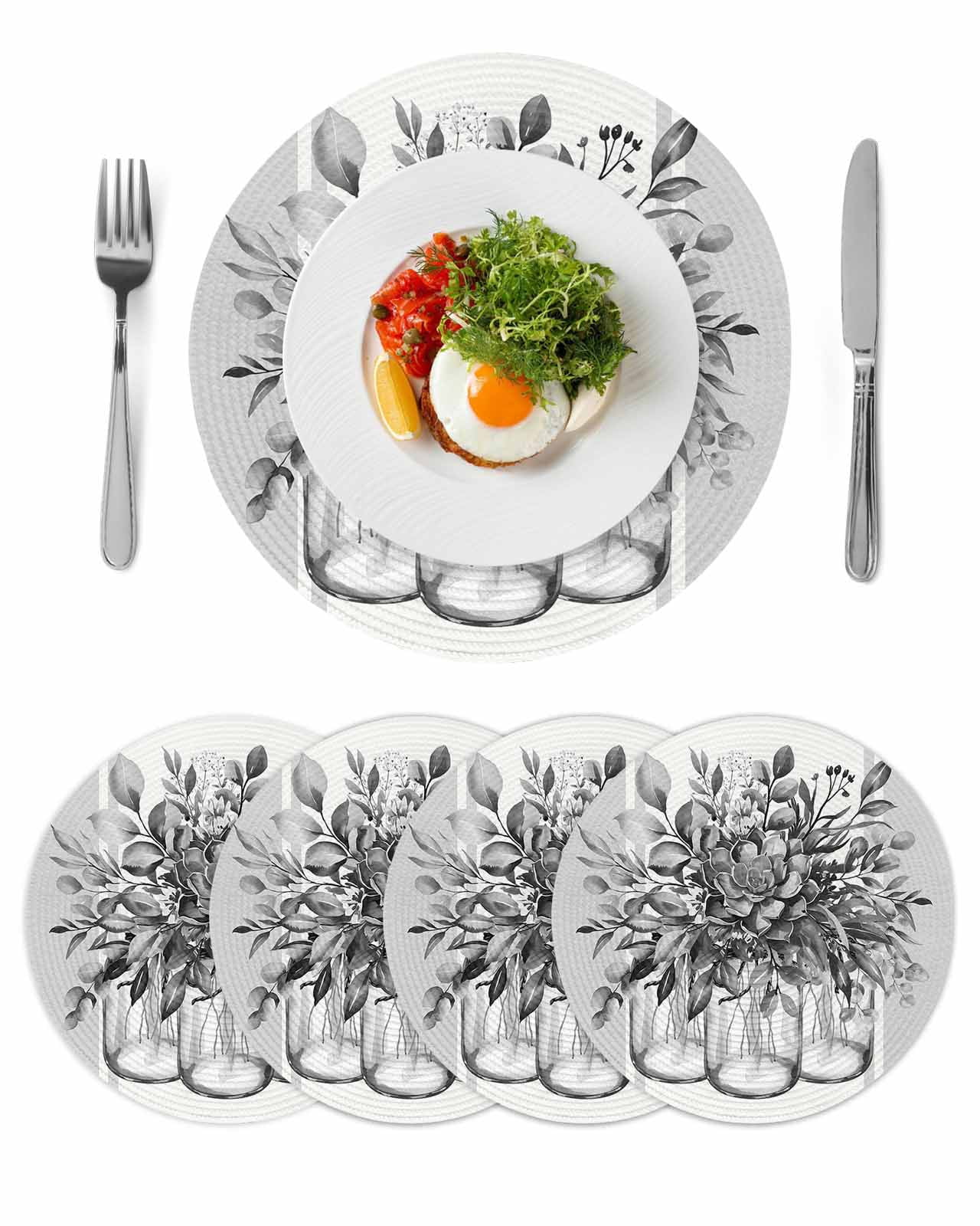 Eucalyptus Gray Round 13 Inch Placemats Set of 4, Stripes Bottle Flower ...