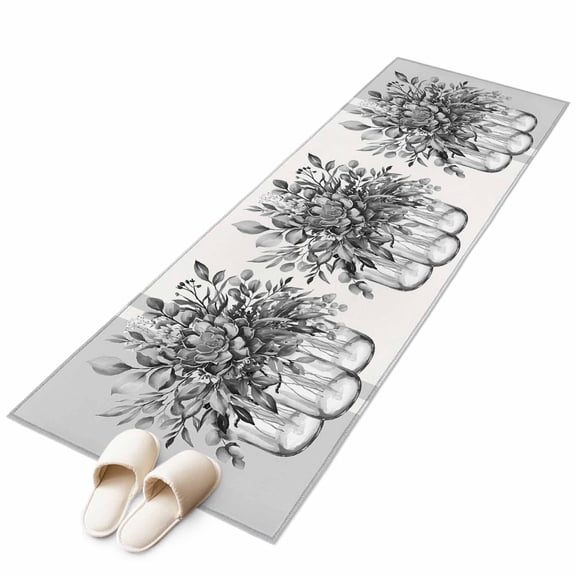 Eucalyptus Gray Runner Rug 2x6 FT, Non Slip Hallway Carpet, Stripes Bottle Flower Cactus Plant Washable Soft Floor Carpet Throw Runner Carpet Long Rug for Entryway Kitchen Bedside Sliding Door