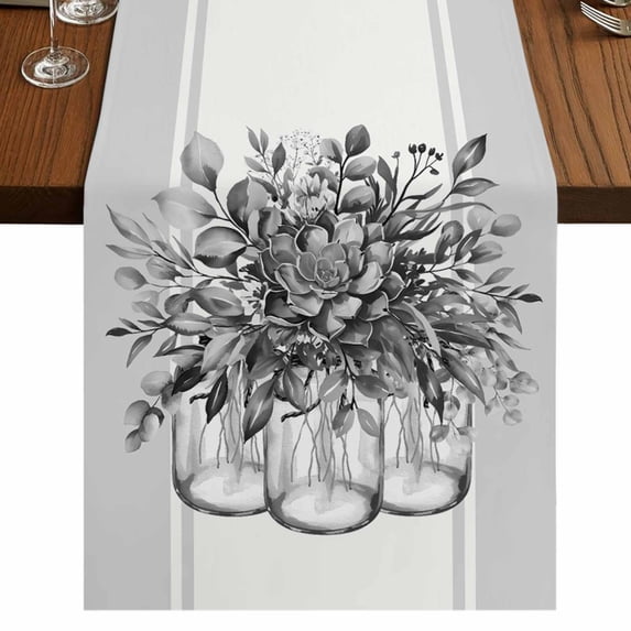 Eucalyptus Gray Table Runner 120 Inches Long,Stripes Bottle Flower Cactus Plant Cotton Linen Table Runners Dresser Scarves,Decorative Tabletop Scarf Furniture Cover for Home Dinner Party 13"x120"