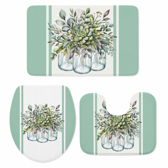 Eucalyptus Green Bath Mat 3 Piece Bathroom Rug Set, Stripes Bottle Flower Cactus Plant Non Slip Bath Rug Contour Mat and Toilet Lid Cover, Absorbent Shower Mats Soft Bath Rugs and Mats Sets
