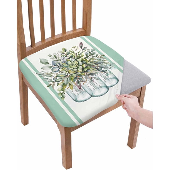 Eucalyptus Green Chair Seat Covers for Dining Room Stretch Chair Seat Covers Set of 2, Stripes Bottle Flower Cactus Plant Chair Seat Protector Cushion Slipcovers for Kitchen Restaurant Office