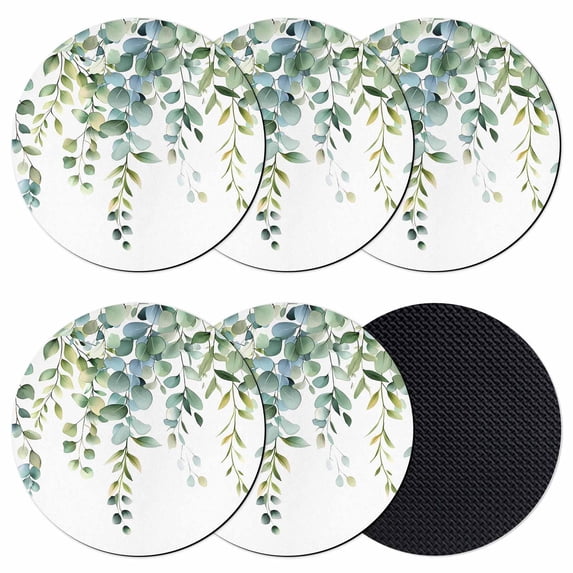 Eucalyptus Green Coasters Set of 6, Gradient Leaves Retro Watercolor Plant Absorbent Coasters for Drinks, Coaster for Bar Office Dining Coffee Table Accessories Decor, Non Slip Round Desk Coaster