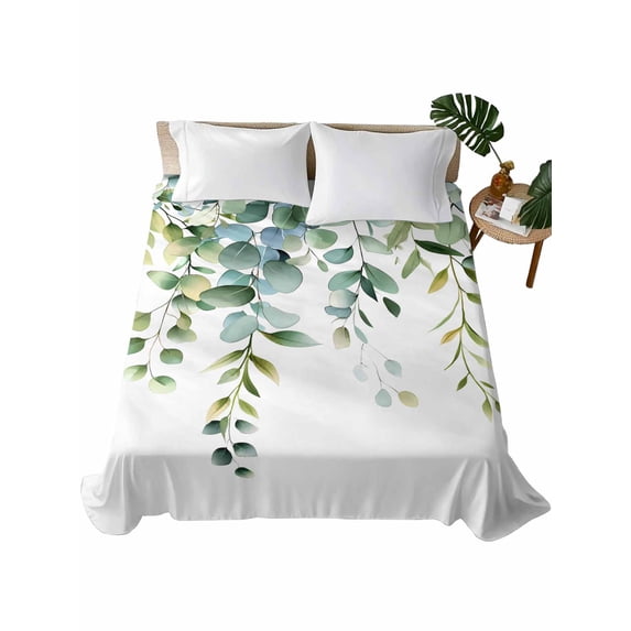 Eucalyptus Green Flat Sheet Only Twin Size, Soft Breathable Bed Top Sheets for Mattress, Gradient Leaves Retro Watercolor Plant Luxury Bedding Flat Sheets for Home Hotel Bedroom Bed Protection