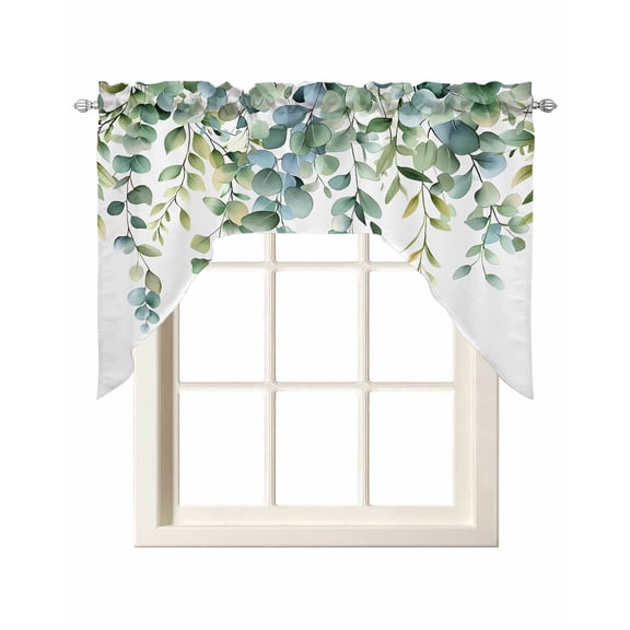 Eucalyptus Green Kitchen Curtains Swag Valance for Windows/Bathroom/Cafe, Gradient Leaves Retro Watercolor Plant Rod Pocket Drape Panel Swag Curtain Valance for Bedroom/Living Room 55''x36''