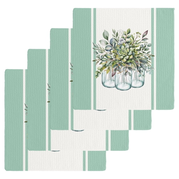 Eucalyptus Green Kitchen Dish Towels for Drying Dishes Set of 4, Stripes Bottle Flower Cactus Plant Waffle Weave Microfiber Hand Tea Bathroom Towels Quick Dry & Absorbent Towel 12x12