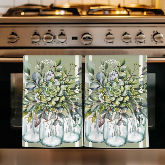 Eucalyptus Green Kitchen Towels Set of 2, Vintage Bottle Succulents Stripes Absorbent Dish Towels for Kitchen, Microfiber Hand Towel, Quick Drying Tea Towel for Cleaning Decorative Dishcloths