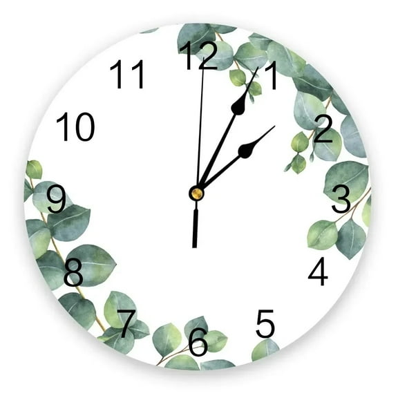 Eucalyptus Green Leaves Plant Wall Clocks Silent Home Cafe Office Wall Decor Clocks for Kitchen Wall Art Large Wall Clocks 25cm（10 Inch）
