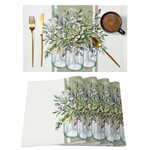 Eucalyptus Green Placemats Set of 12, Vintage Bottle Succulents Stripes Placemats for Dining Table, Place Mats for Kitchen Tabletop, Waterproof Wipeable Dining Table Mats Set