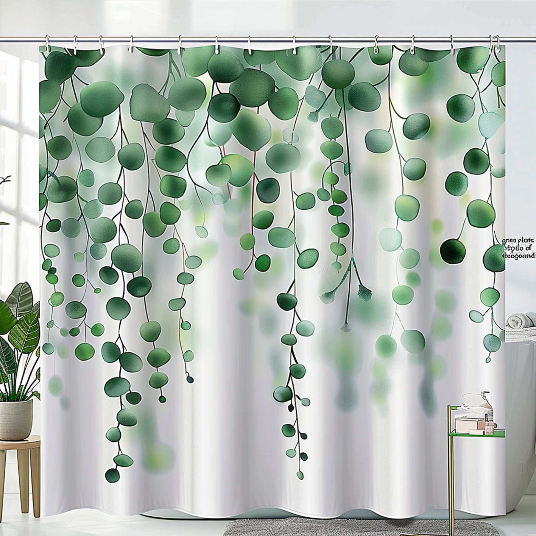 Eucalyptus Green Plant Bathroom Curtain White Background Decor Hanging