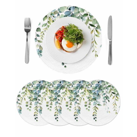 Eucalyptus Green Round 15 Inch Placemats Set of 4, Gradient Leaves Retro Watercolor Plant HeatResistant Non Slip Place Mats for Dining Table, Wipeable Braided Kitchen Table Mats for Housewarming
