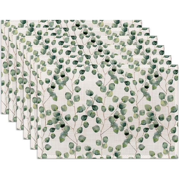 Eucalyptus Green Sage Placemats Set of 6,Washable Heat Resistant 12×18 Inch Linen Table Mats Spring Leaves Place Mats for Party Outdoor Dining Décor
