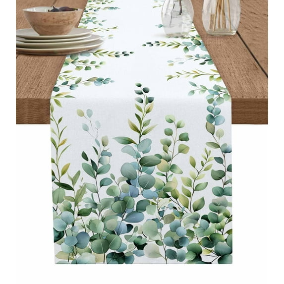 Eucalyptus Green Table Runner Gradient Leaves Retro Watercolor Plant Tablerunners 13 x 120 Inch, Table Decorations Tabletop Scarf for Summer Gathering Holiday Farmhouse Kitchen Dining Decor