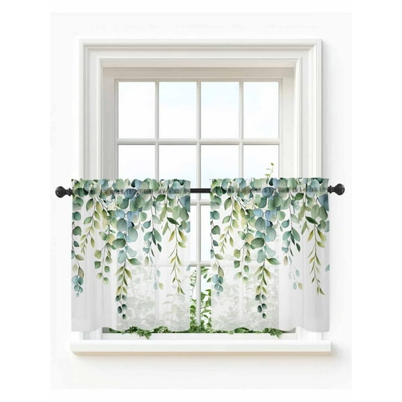 Eucalyptus Green Tier Curtains 36 Inch Length,Sheer Curtains for Bedroom Living Room,Gradient Leaves Retro Watercolor Plant Rod Pocket Voile Drapes Kitchen Curtains Small Window 27.5"x36" 2 Panels