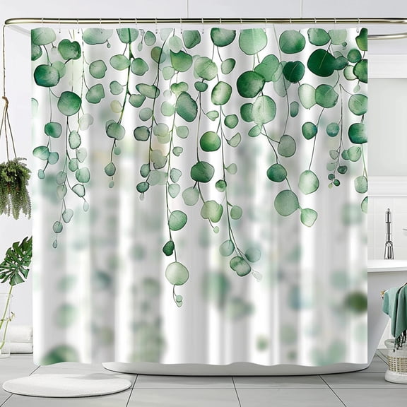 Eucalyptus Green Watercolor Bathroom Shower Curtain White Background Bright Interior