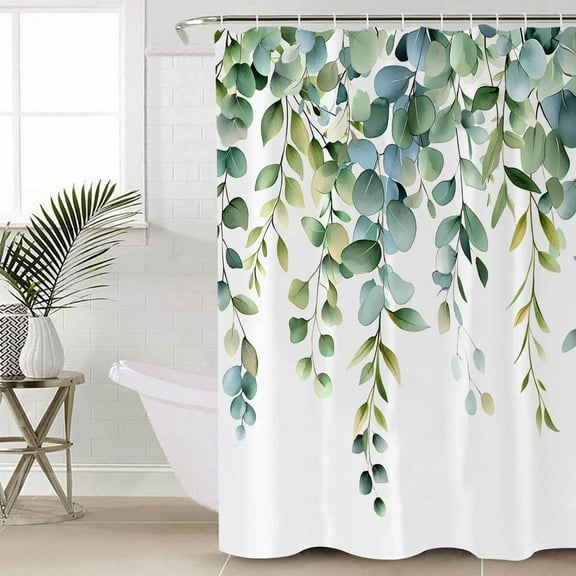 Eucalyptus Green Waterproof Fabric Shower Curtain, Gradient Leaves Retro Watercolor Plant Shower Curtain for Bathroom Curtains Bathtubs Hotel Washable Shower Curtains with 12 Hooks Small 36x72in