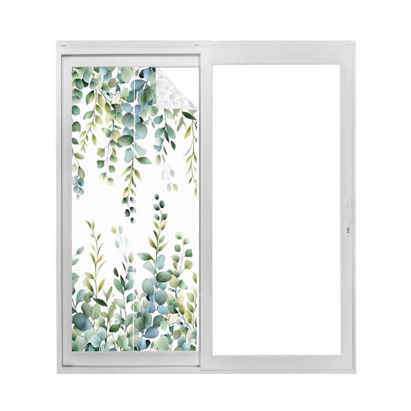 Eucalyptus Green Window Privacy Film, Gradient Leaves Retro Watercolor Plant Static Cling UV Sun Blocking Tint Film Heat Control Windows Films for Bedroom Bathroom, Window Stickers 17.7"x39.3"