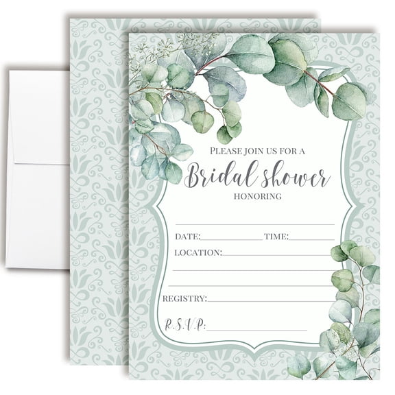 Eucalyptus Greenery Bridal Shower Invitations, 20 Fill-In Cards with Envelopes, 5x7 Wedding Shower Invitations for Bride, Bridal Party Supplies and Decorations, Made in USA by Amanda Creation