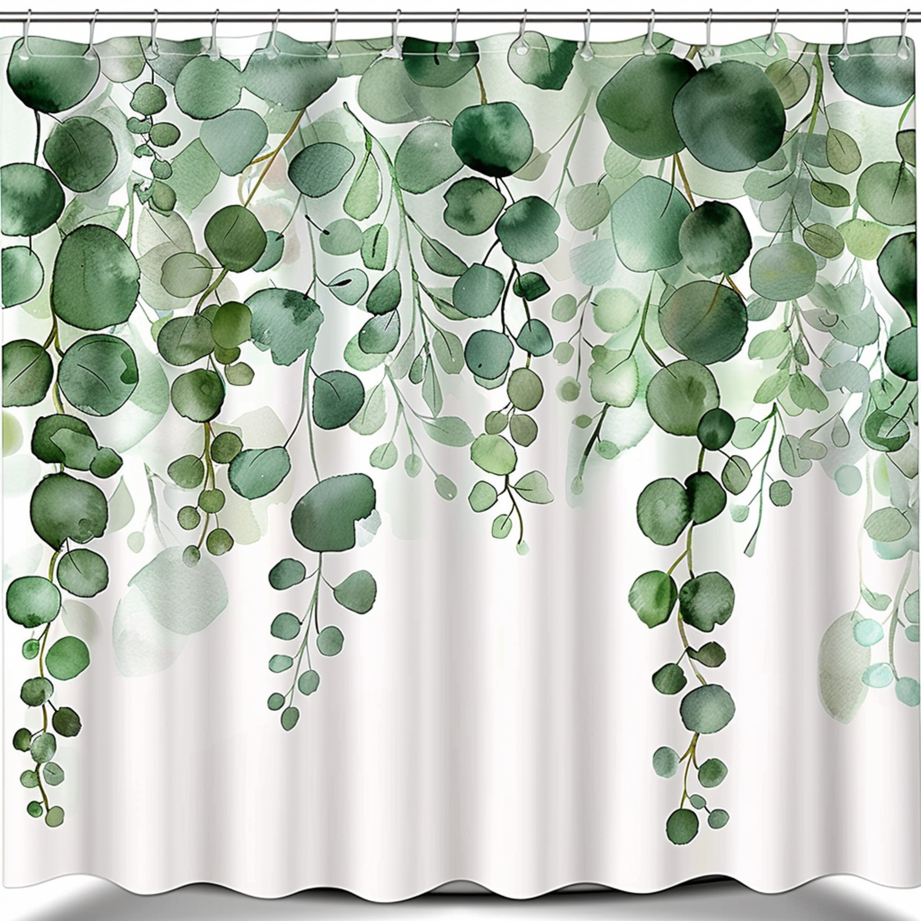 Eucalyptus Greenery Vines Shower Curtain White Background with Soft Watercolor Eucalyptus Leaves