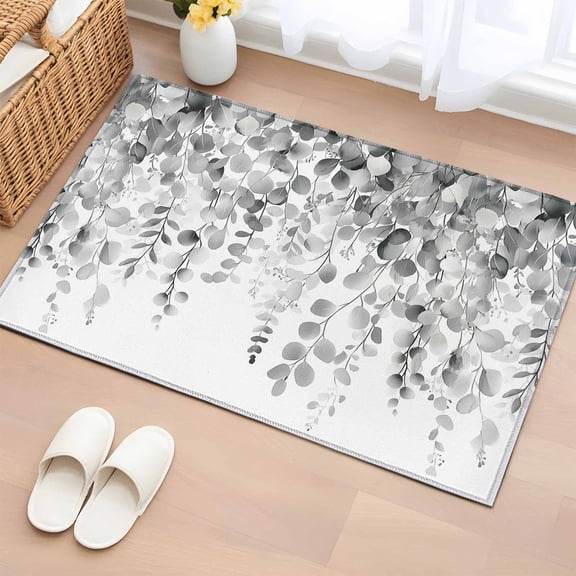 Eucalyptus Grey Bathroom Mats 2x3 FT, Non Slip Small Kitchen Mat, Farmhouse Leaves Summer Spring Leaf Washable Soft Backed Front Door Throw Rugs Non-Shedding Indoor Outdoor Doormat for Entryway Sink
